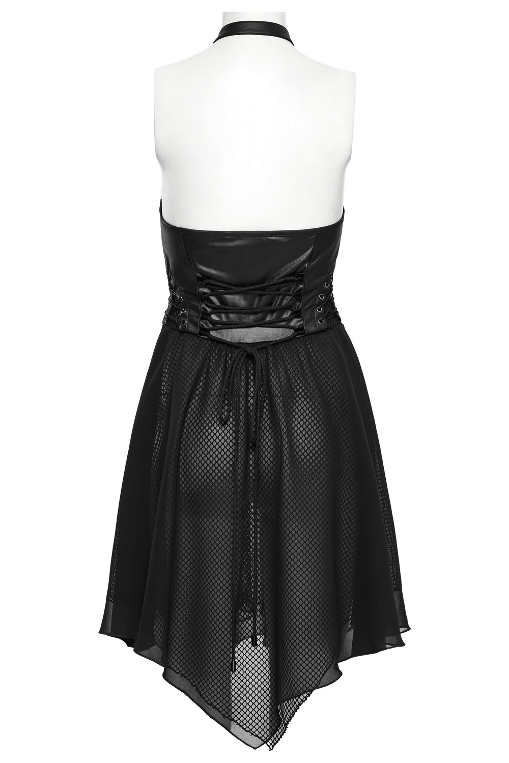 Back view of punk halter neck dress with lace-up detail and chiffon hem, showcasing edgy style and unique design.