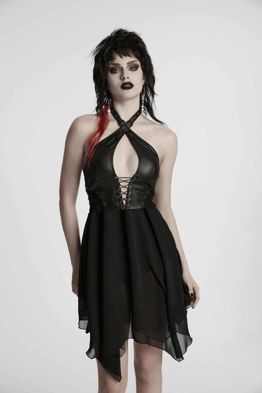 Stylish punk halter neck dress with lace-up detail and chiffon hem, perfect for a bold fashion statement.