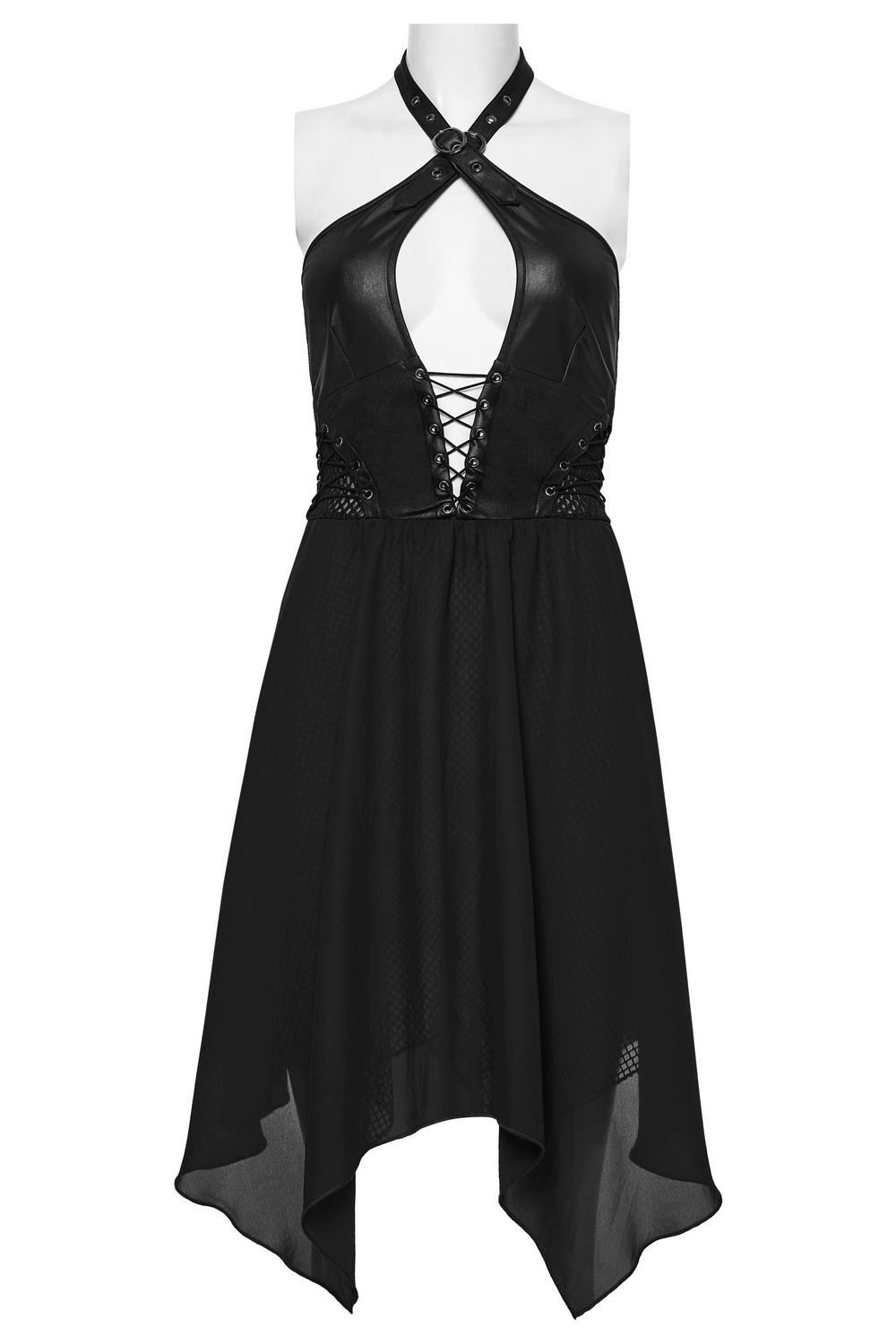 Punk halter neck dress featuring lace-up detail and chiffon hem, perfect for edgy fashion lovers.
