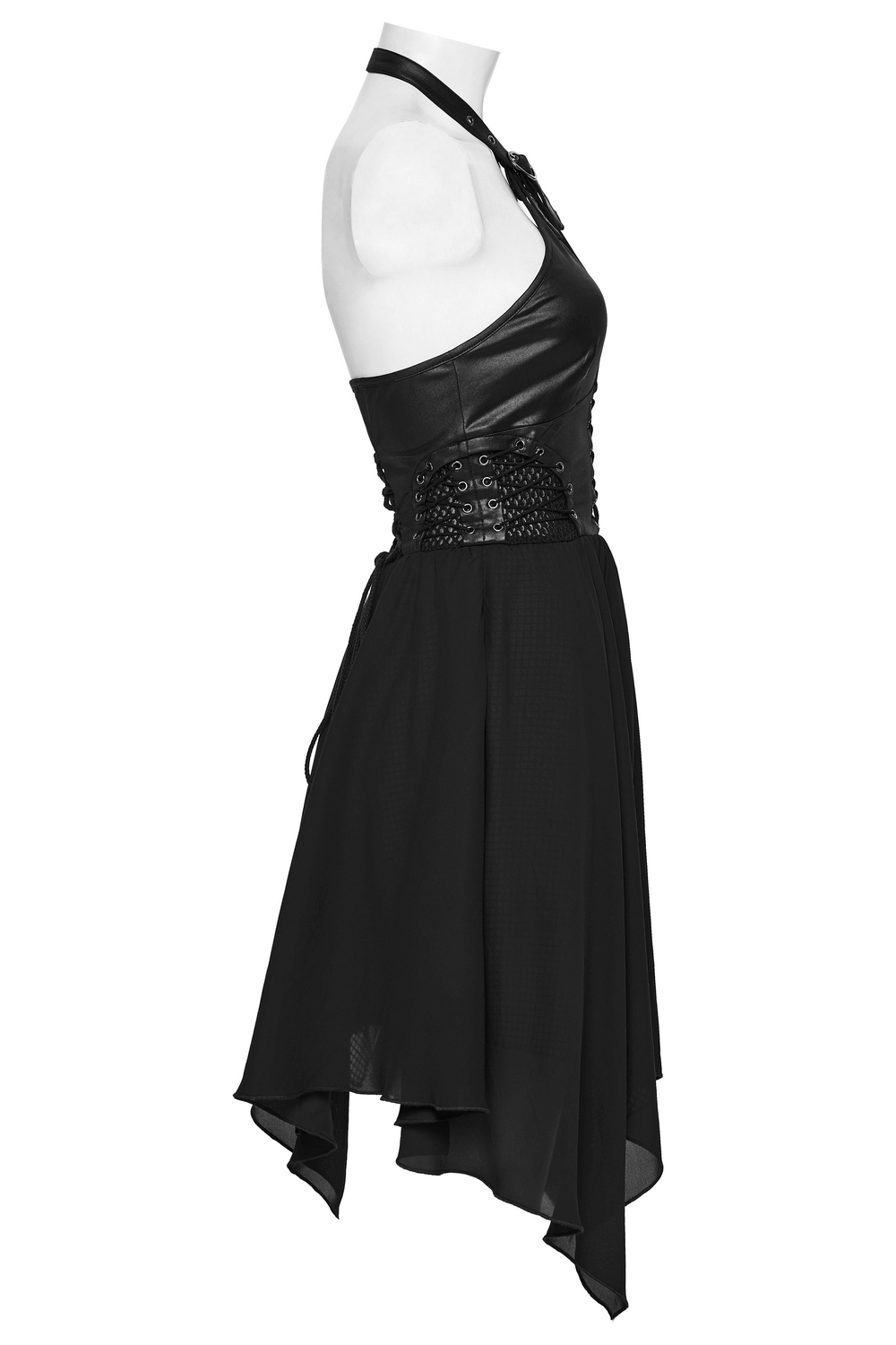 Punk halter neck dress featuring lace-up details and a chiffon hem, stylish and edgy for any occasion.