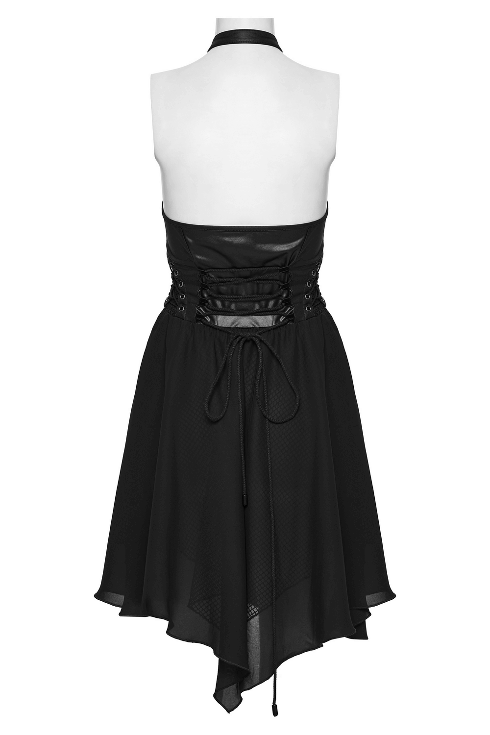 Back view of a punk halter neck dress featuring lace-up detail and a flowing chiffon hem in classic black.