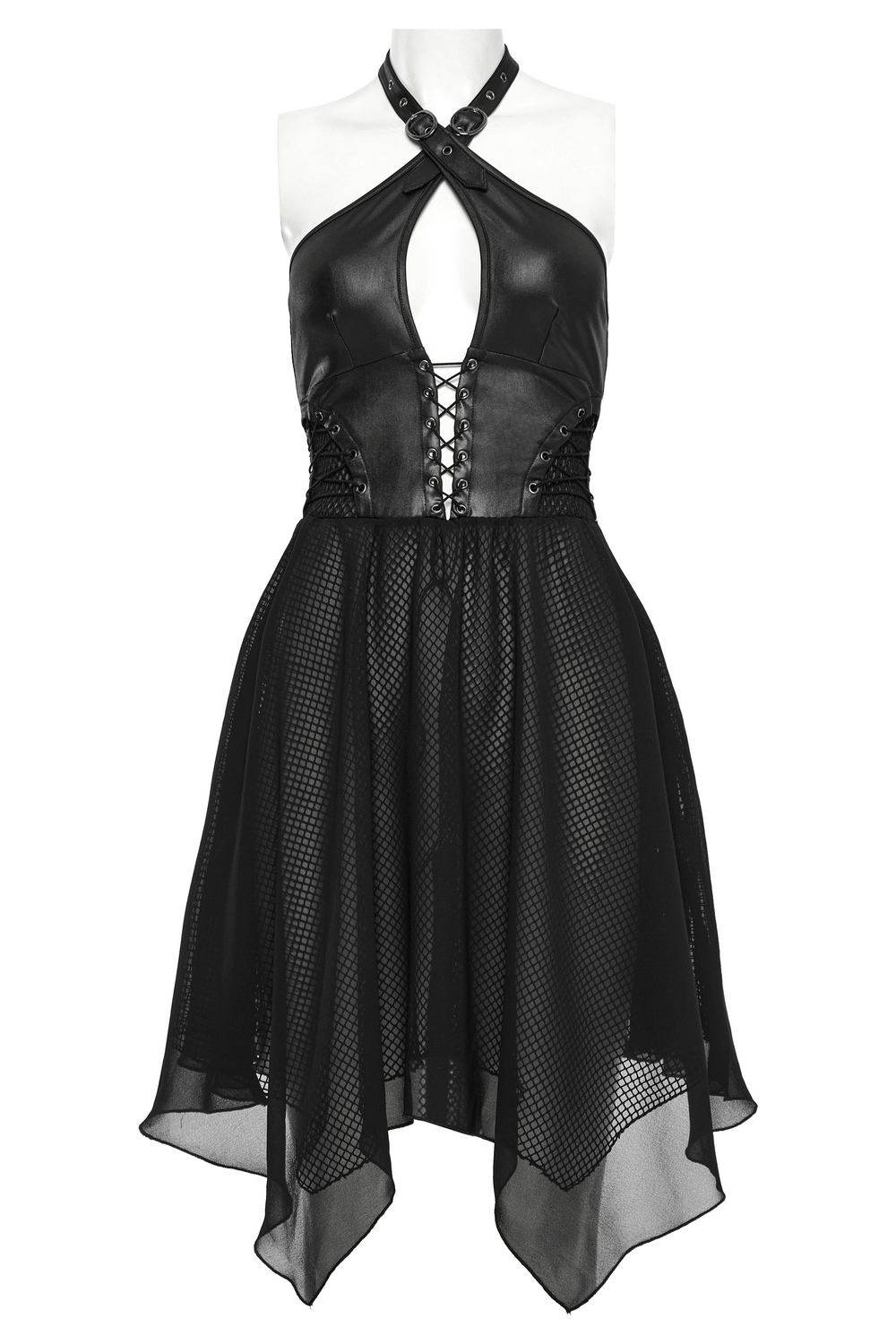 Punk halter neck dress featuring lace-up details and chiffon hem for a chic, edgy look.