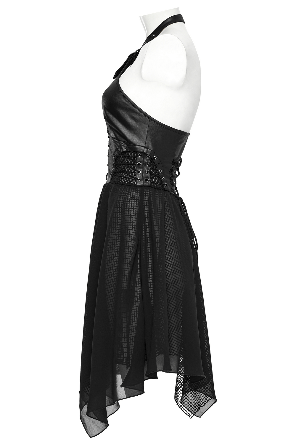 Punk halter neck dress featuring a lace-up design and chiffon hem, perfect for edgy style lovers.