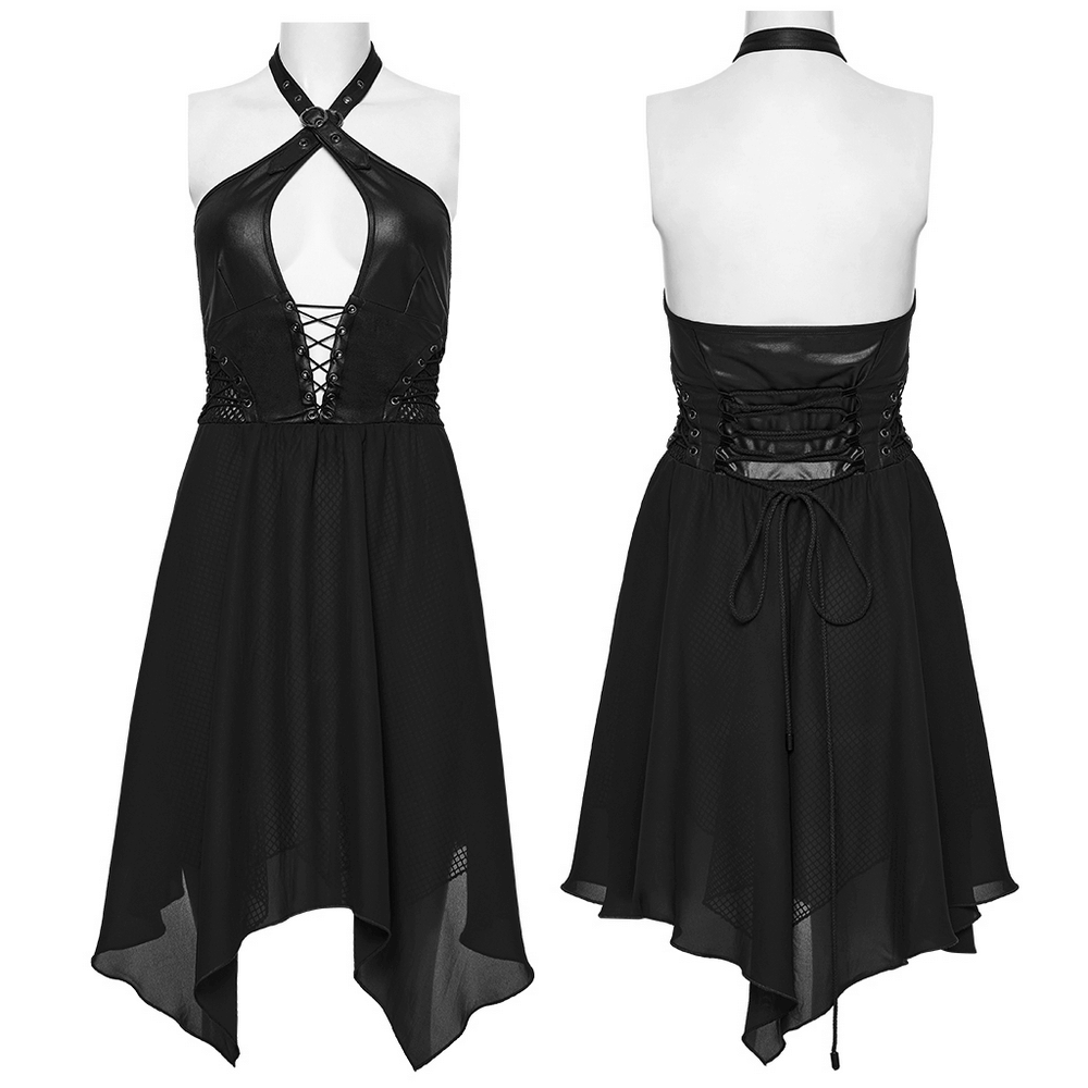 Punk halter neck dress featuring a lace-up bodice and flowy chiffon hem, perfect for edgy evening wear.