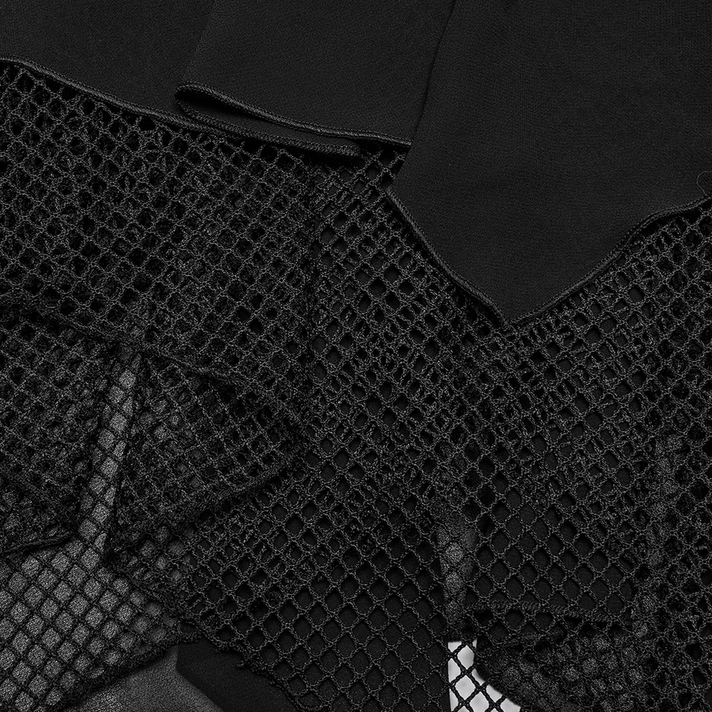 Close-up of black mesh fabric layered with solid black material, perfect for edgy punk fashion.