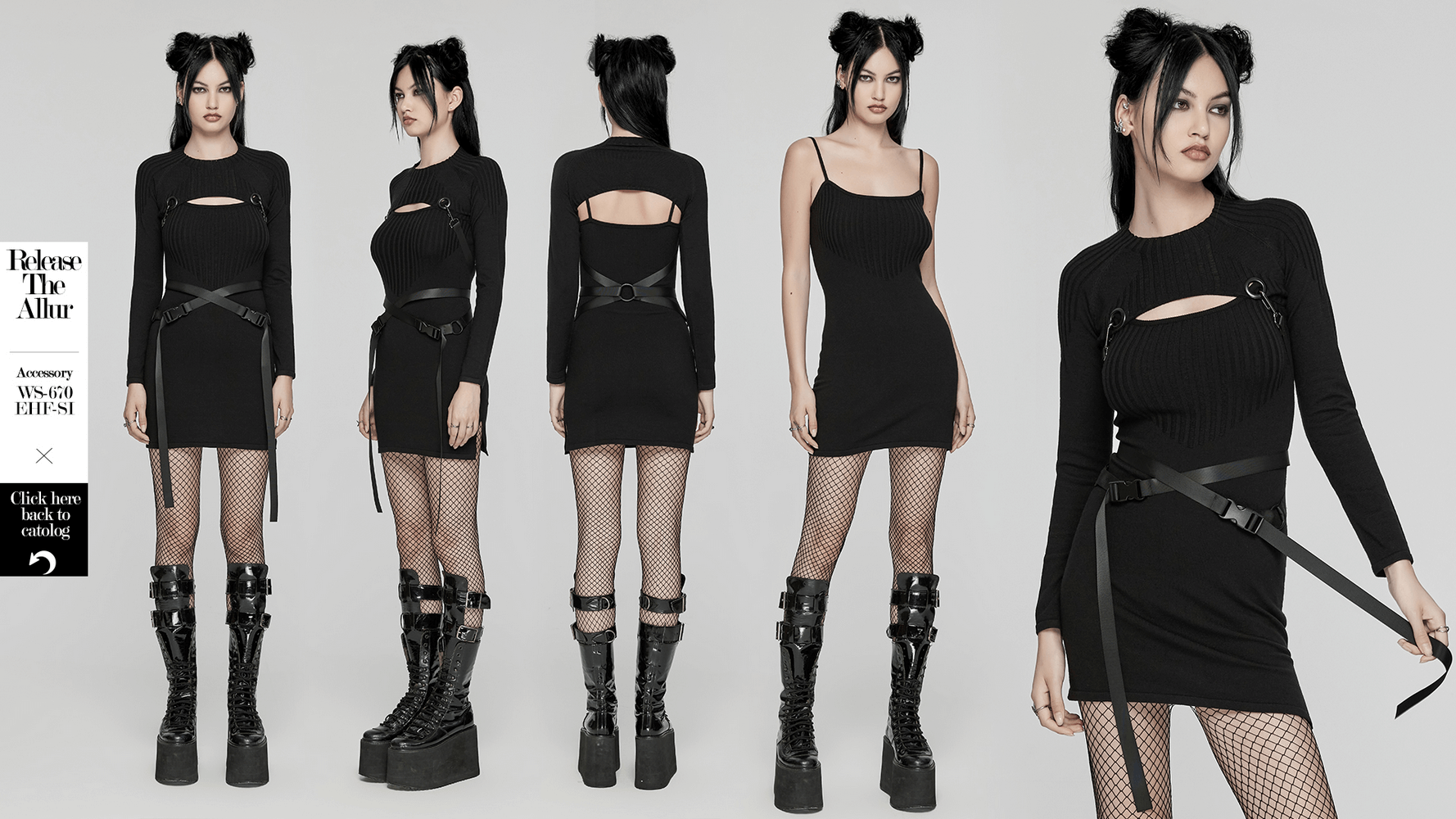 Punk women's ribbed dress set with adjustable harness details, showcasing edgy gothic style and fishnet stockings.