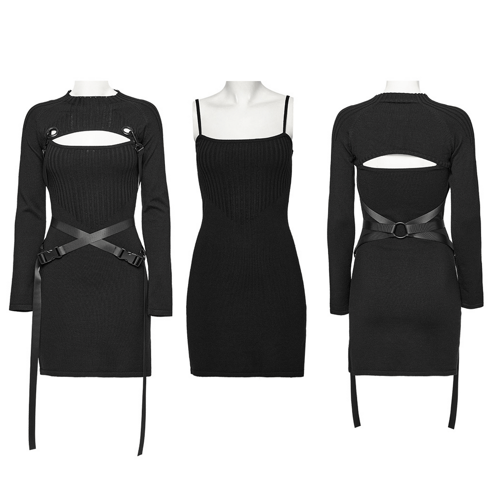 Punk harness ribbed dress set showcasing adjustable details and ribbed texture in a stylish black design.