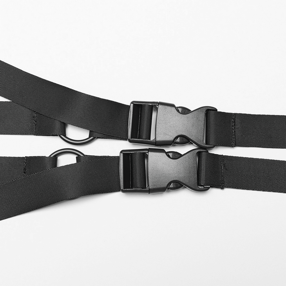 Adjustable black webbing buckles from a punk harness dress set for customizable fit and versatile styling.