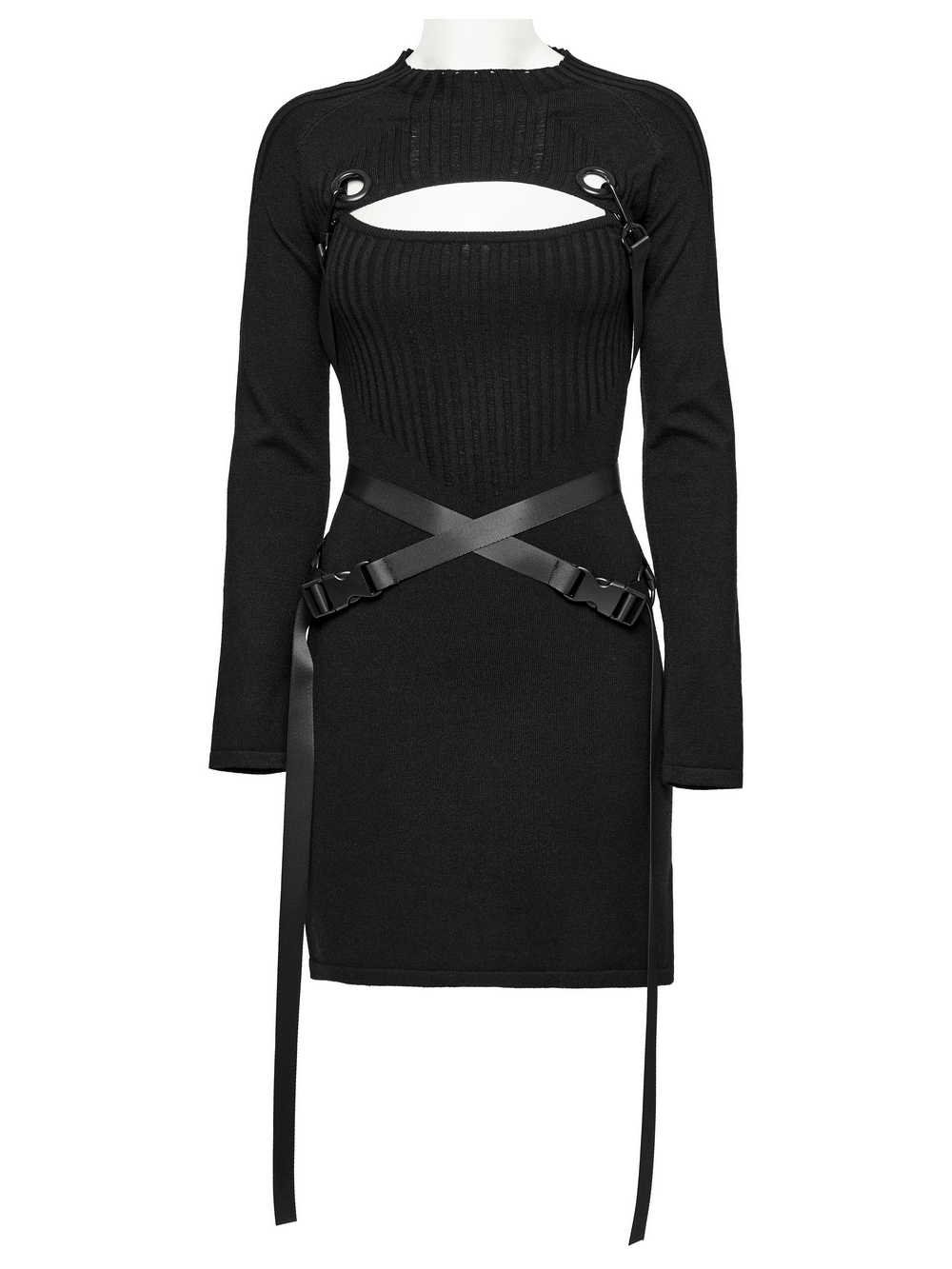 Punk Women's Black Ribbed Dress Set with Adjustable Harness for a stylish and versatile look.