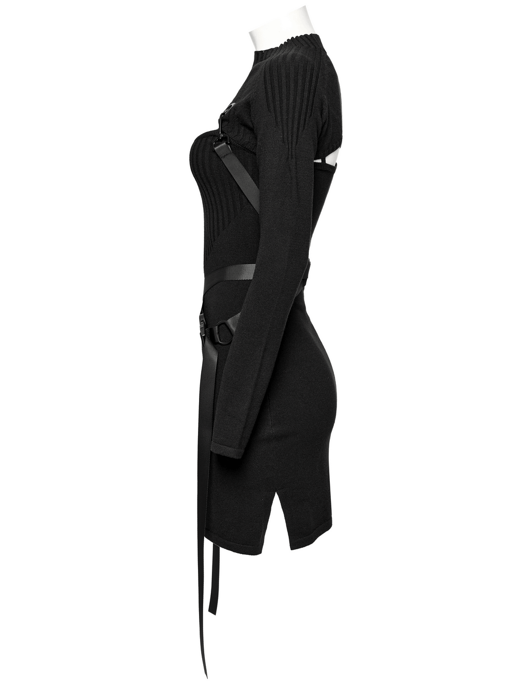 Punk women's ribbed dress set with harness detailing and adjustable straps for a customizable fit.