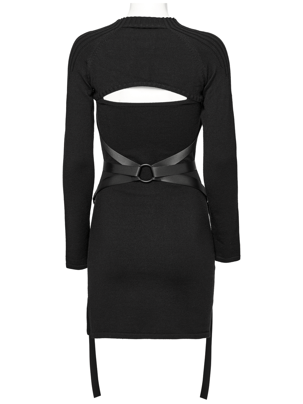 Punk Women's Ribbed Dress Set showcasing adjustable harness and intricate ribbed textures from the back view.