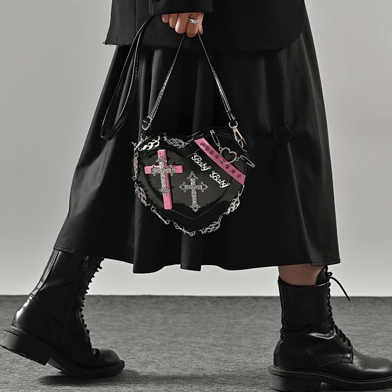 Punk Heart Shape Bag With Crosses Decor / Women's Rivets Shoulder Bag - HARD'N'HEAVY