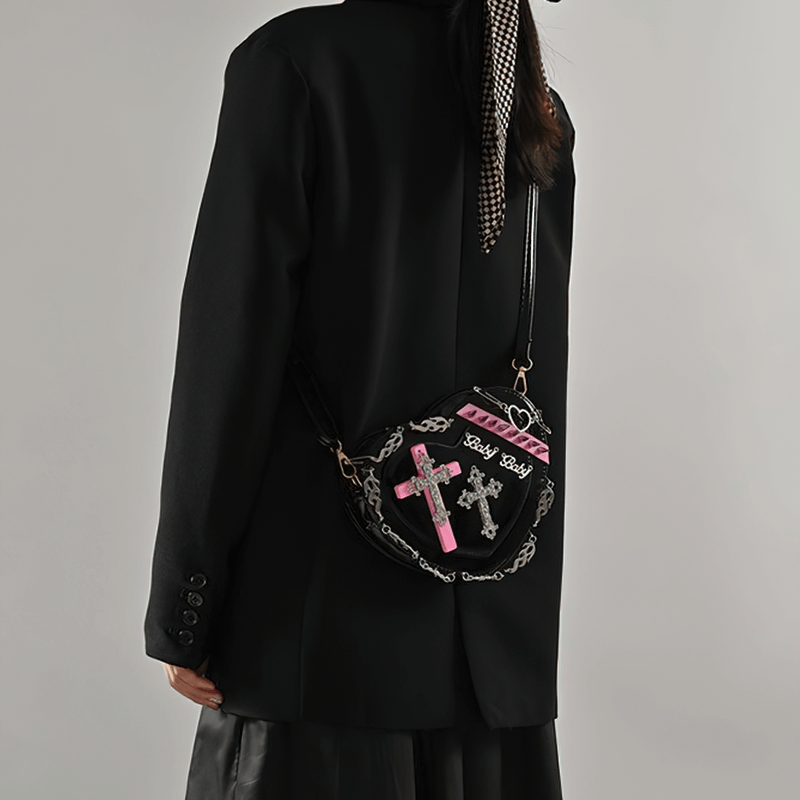 Punk Heart Shape Bag With Crosses Decor / Women's Rivets Shoulder Bag - HARD'N'HEAVY