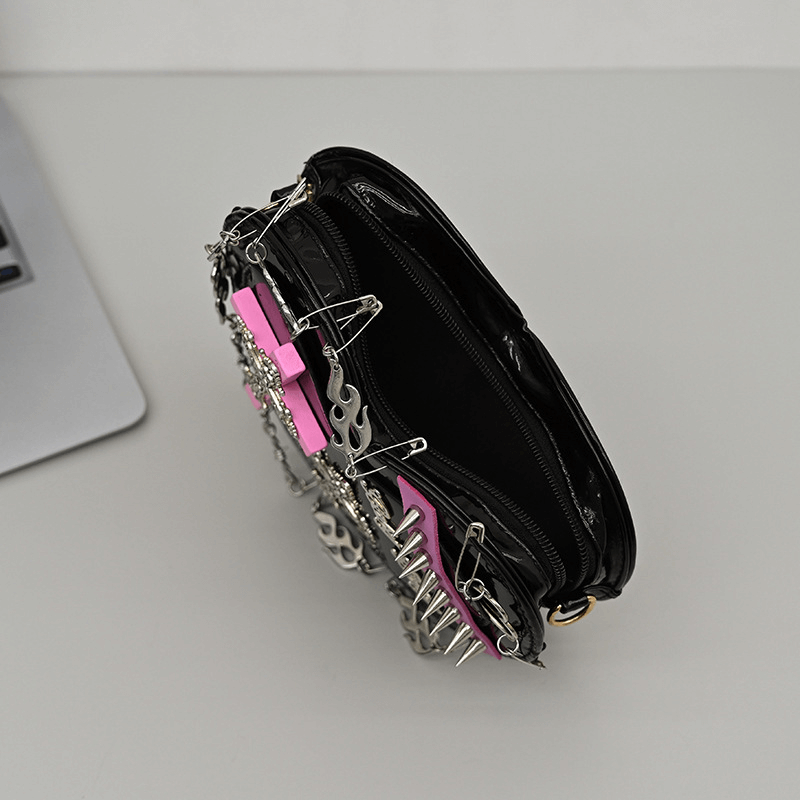 Punk Heart Shape Bag With Crosses Decor / Women's Rivets Shoulder Bag - HARD'N'HEAVY