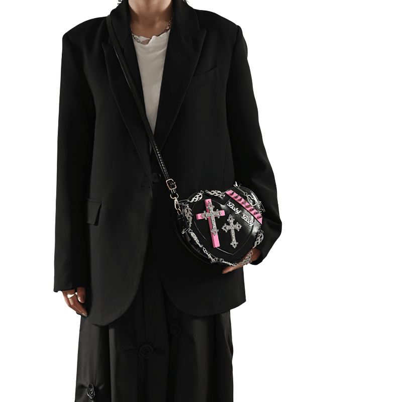 Punk Heart Shape Bag With Crosses Decor / Women's Rivets Shoulder Bag - HARD'N'HEAVY