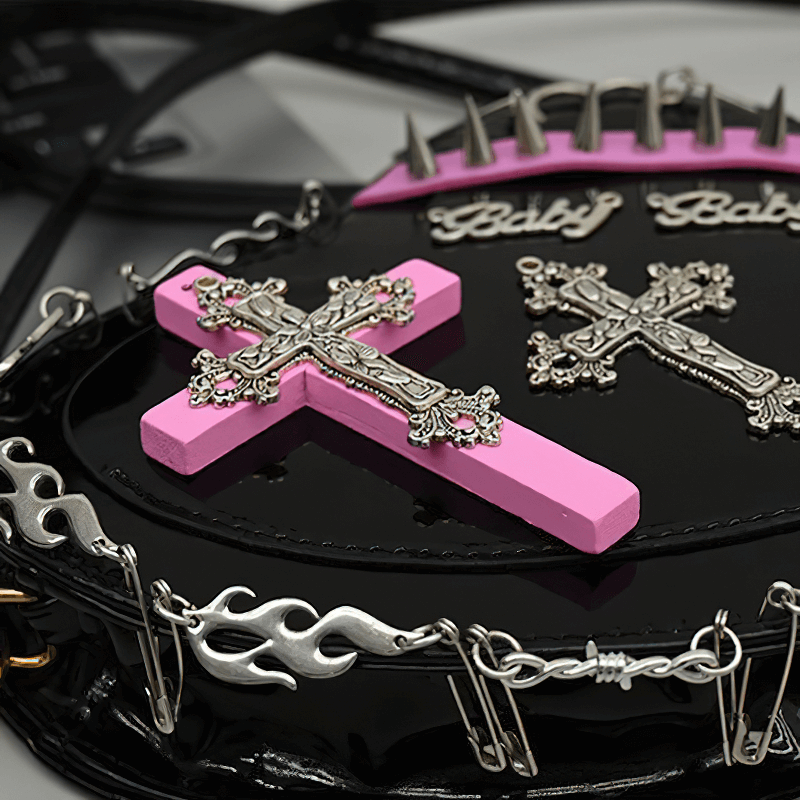 Punk Heart Shape Bag With Crosses Decor / Women's Rivets Shoulder Bag - HARD'N'HEAVY