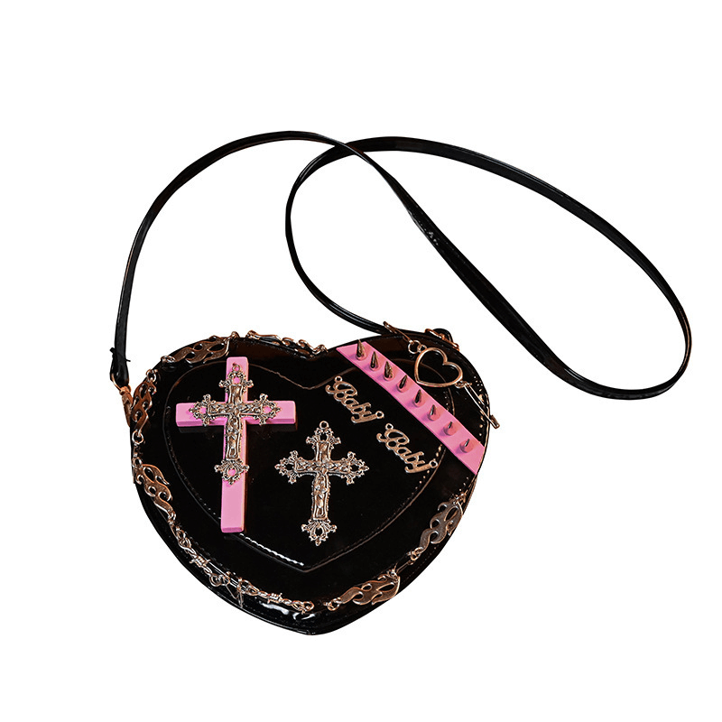 Punk Heart Shape Bag With Crosses Decor / Women's Rivets Shoulder Bag - HARD'N'HEAVY