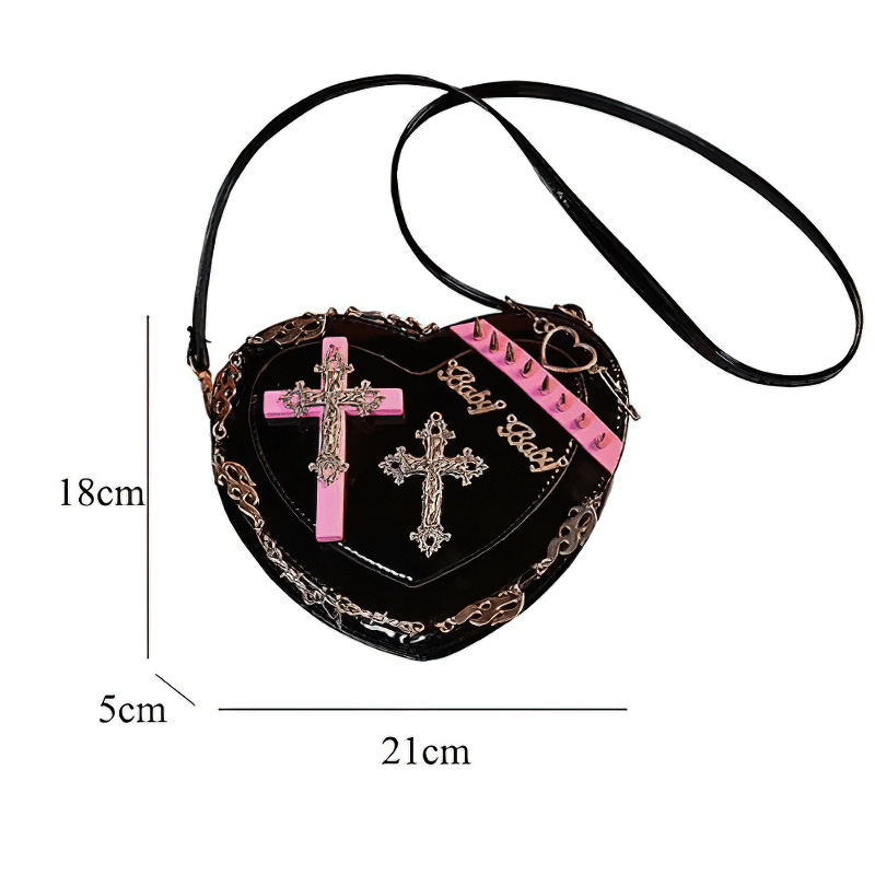 Punk Heart Shape Bag With Crosses Decor / Women's Rivets Shoulder Bag - HARD'N'HEAVY