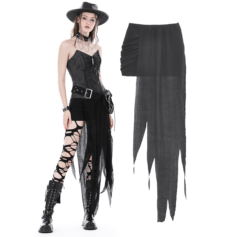 Punk high-low skirt with asymmetrical hem, styled with a gothic corset top and edgy lace-up boots.