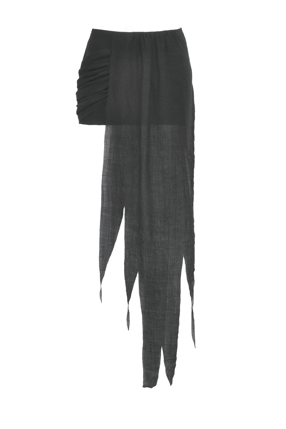 Black high-low skirt with asymmetrical hem and lace detail, perfect for punk rock styles and gothic fashion.