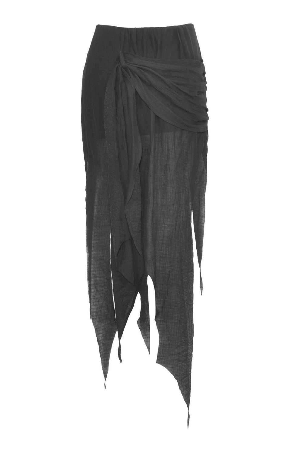Punk high-low black skirt with asymmetrical hem and lace detail, perfect for a gothic party look.