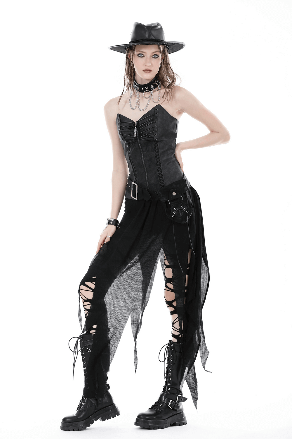 Gothic punk outfit featuring a black corset, asymmetrical pants, and chunky boots for a trendy, edgy look.