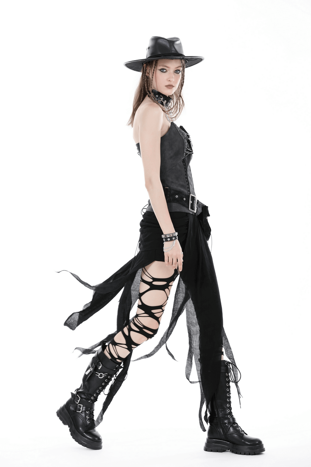 Model showcasing punk high-low skirt with lace detail, paired with corset and combat boots, embodying gothic style.