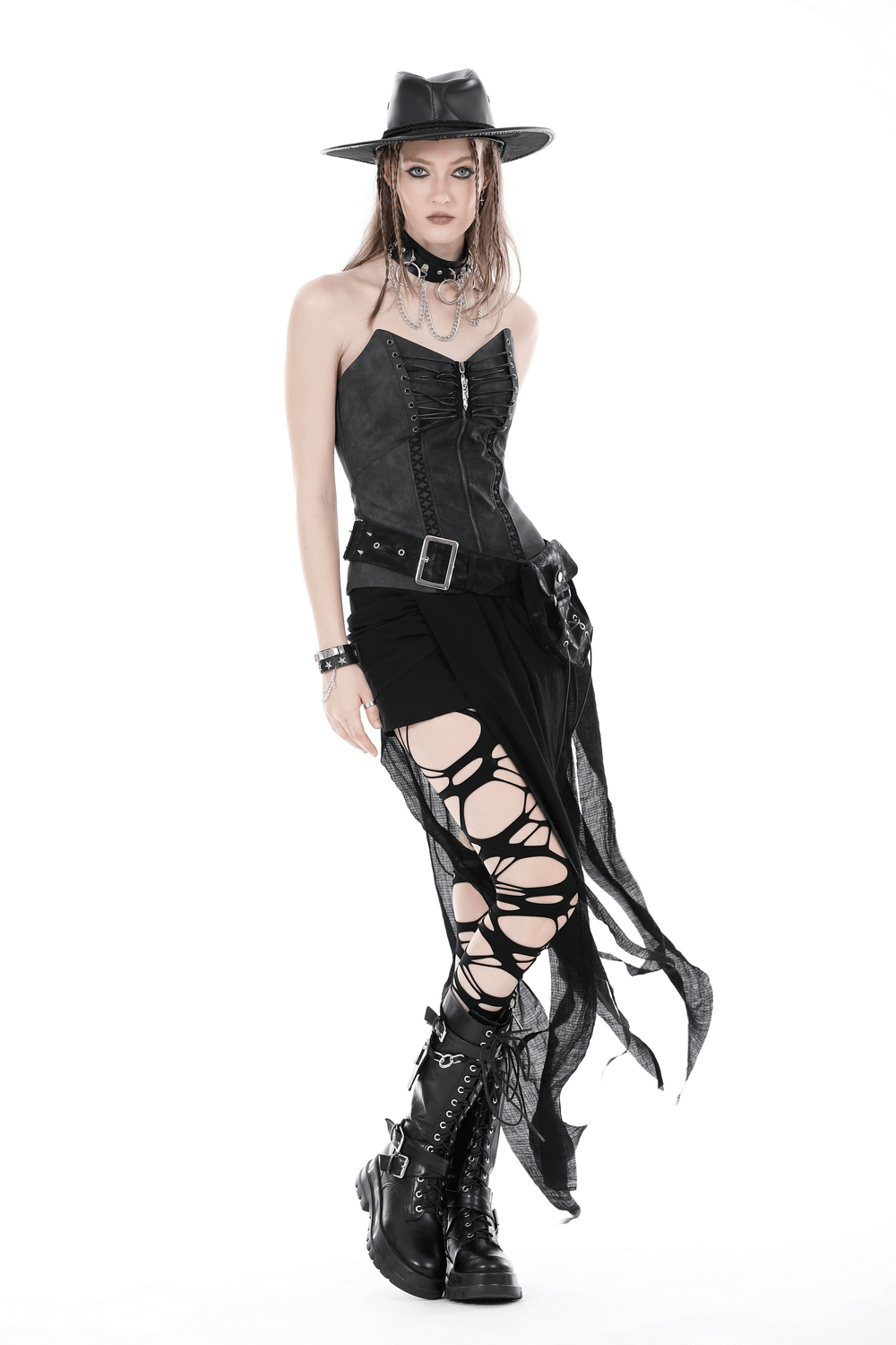 Punk High-Low Skirt with Asymmetrical Hem and Lace Detail