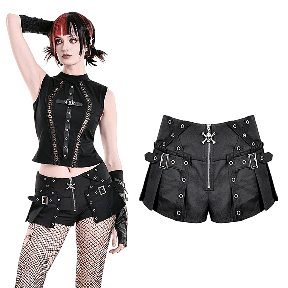 Punk High Waist Skort with Eyelets and Skull Zipper black gothic pleated mini shorts with buckles and zip
