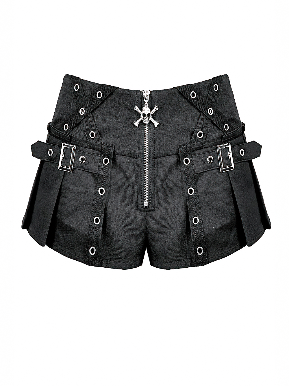 Punk High Waist Skort with Eyelets and Skull Zipper, black gothic mini shorts with buckles and pleated detail