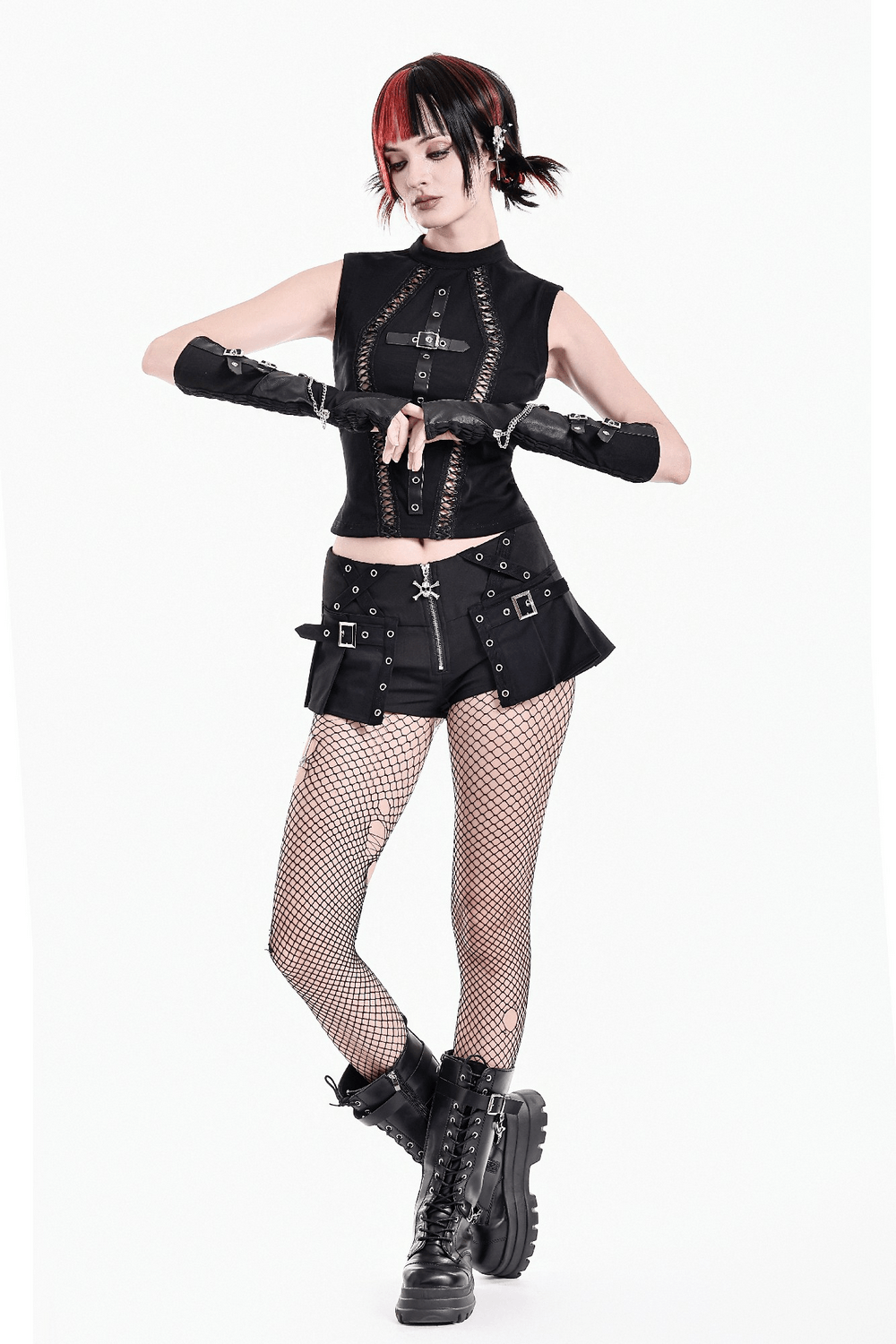 Punk High Waist Skort with Eyelets and Skull Zipper, gothic black mini shorts with buckles and pleated skirt style