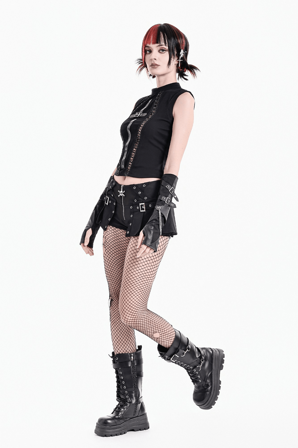 Punk High Waist Skort with Eyelets and Skull Zipper, black gothic mini skirt shorts with buckles and fishnet styling