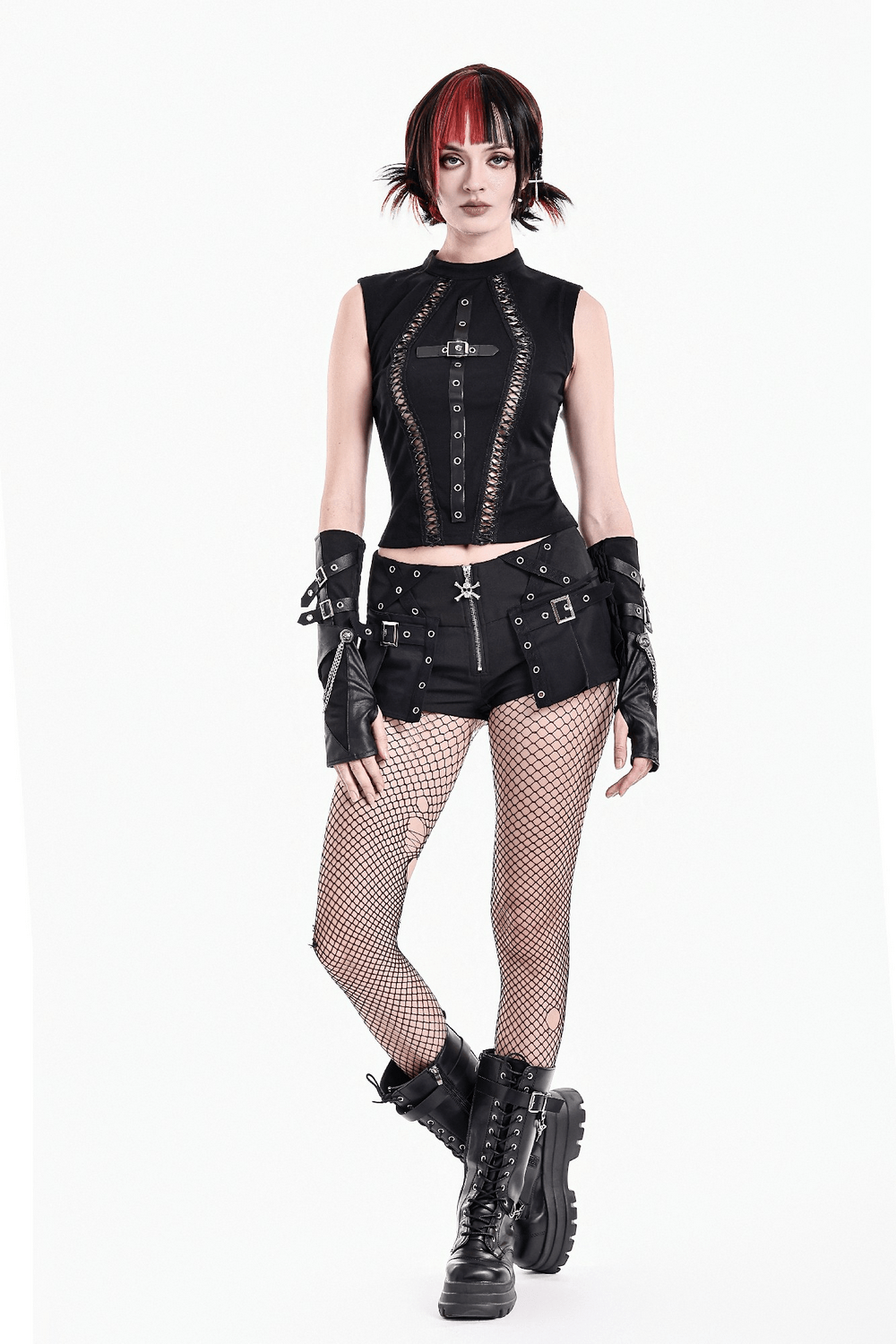 Punk High Waist Skort with Eyelets and Skull Zipper, black gothic mini shorts with buckles, on model with boots