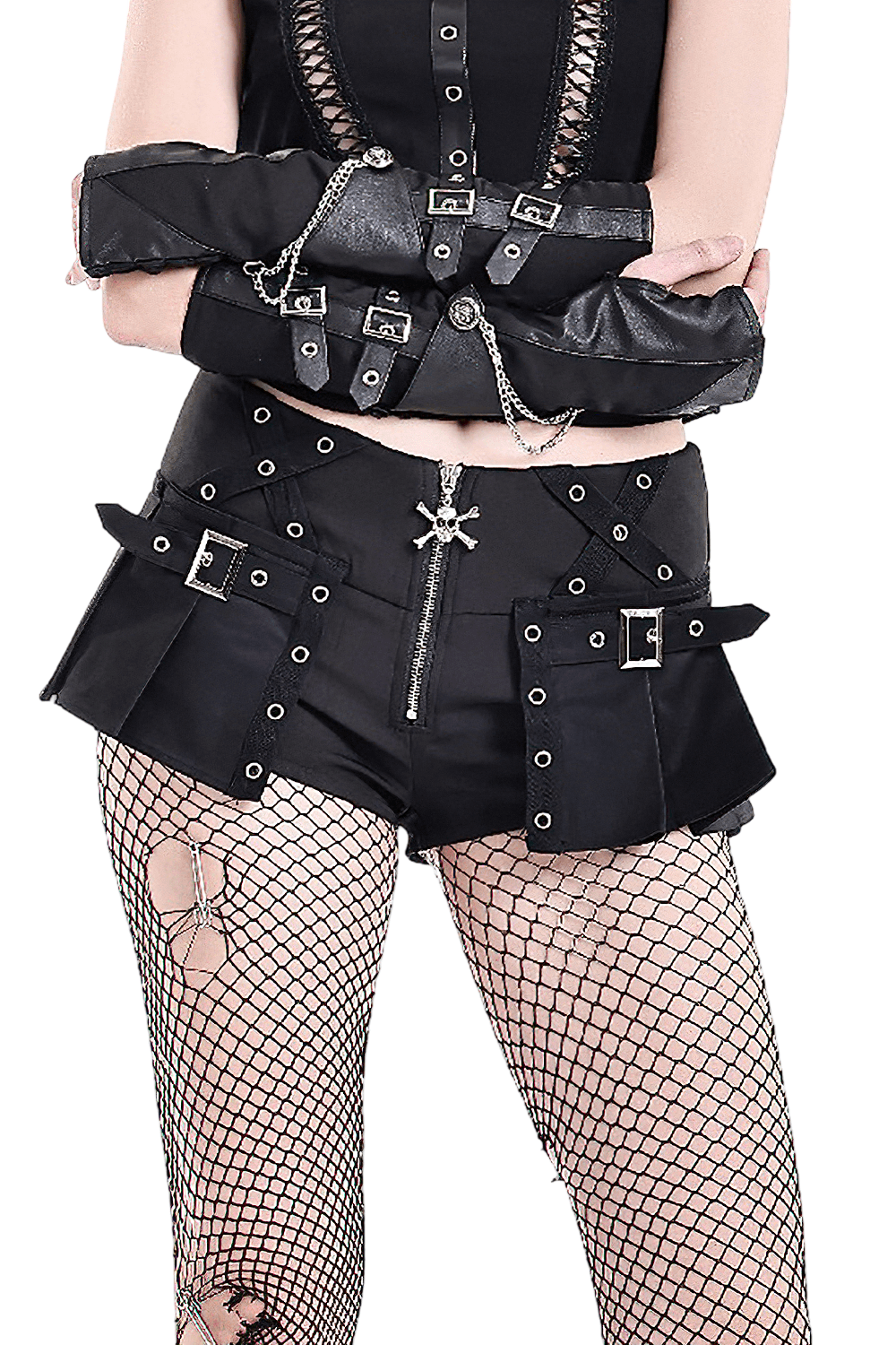Punk High Waist Skort with Eyelets and Skull Zipper, black gothic mini shorts with buckles and pleated detail