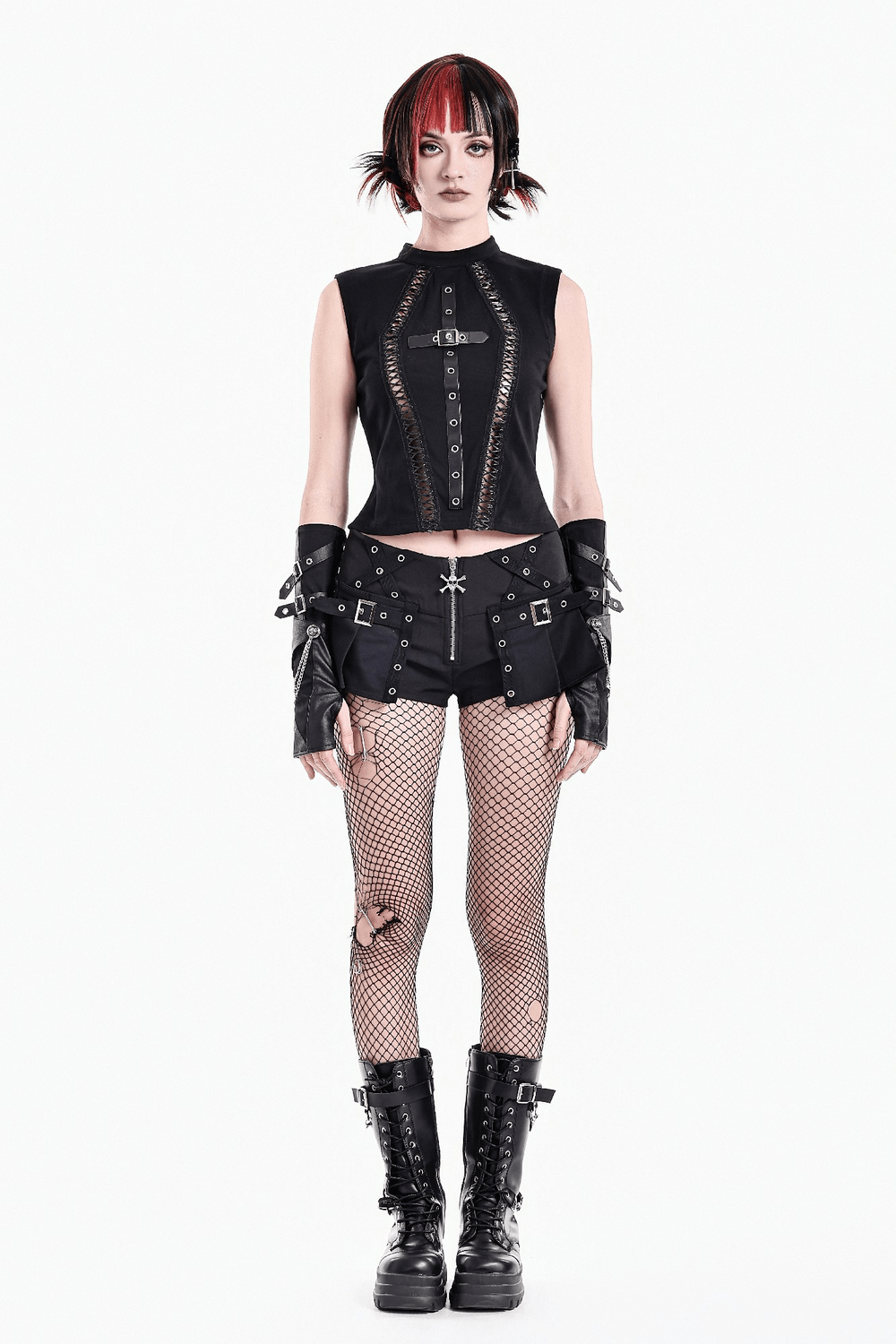 Punk High Waist Skort with Eyelets and Skull Zipper, women's gothic black mini shorts with buckles and mesh punk style