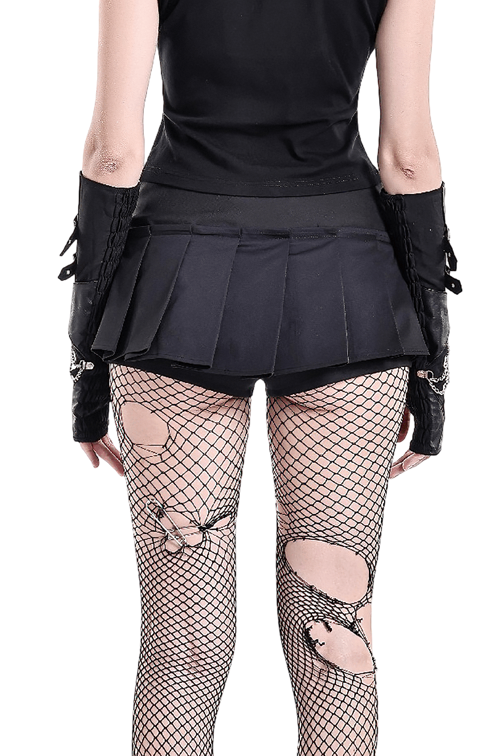 Punk High Waist Skort with Eyelets and Skull Zipper, black gothic pleated mini shorts with buckle straps and fishnet style