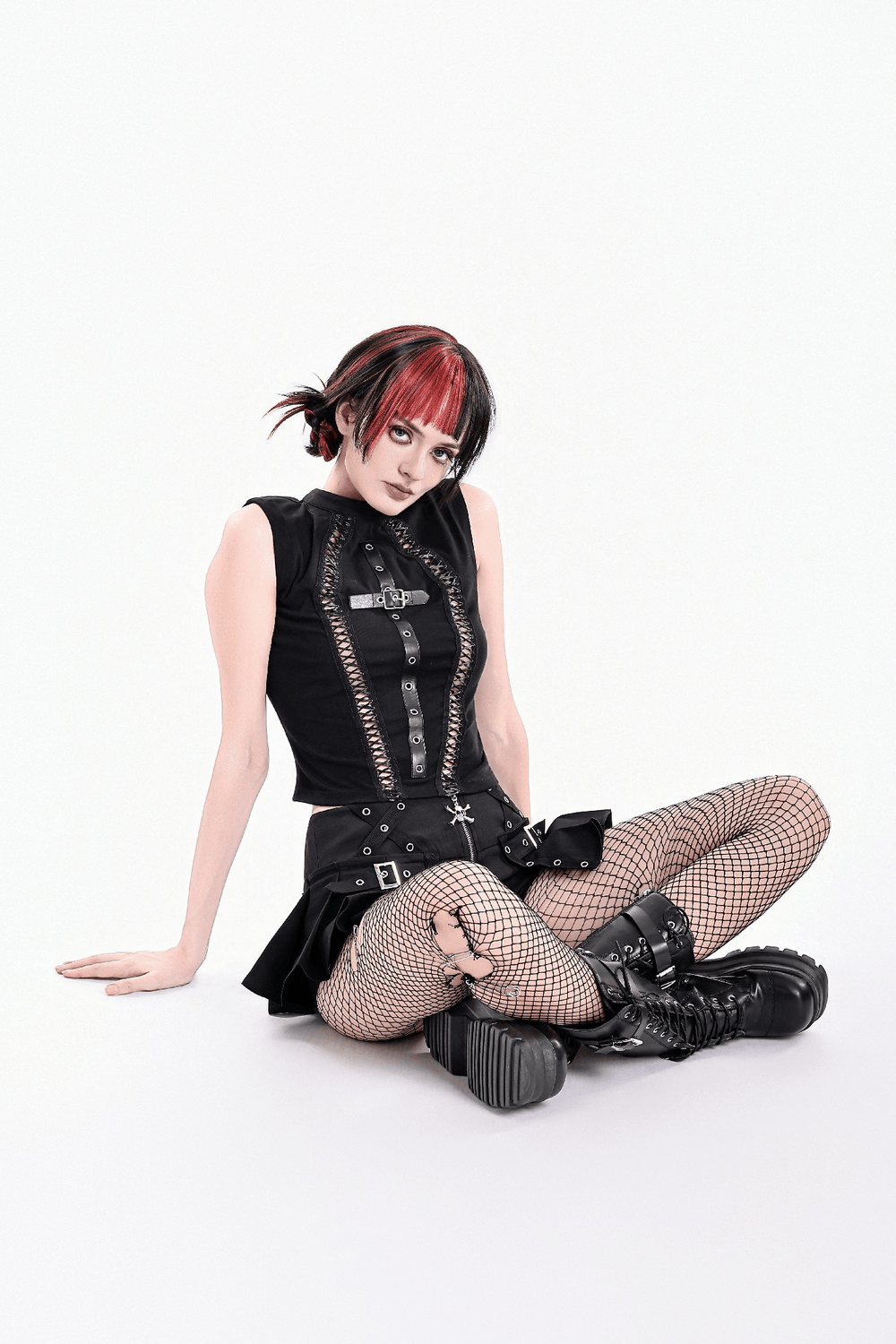 Punk High Waist Skort with Eyelets and Skull Zipper, black gothic mini skort with buckles and pleats