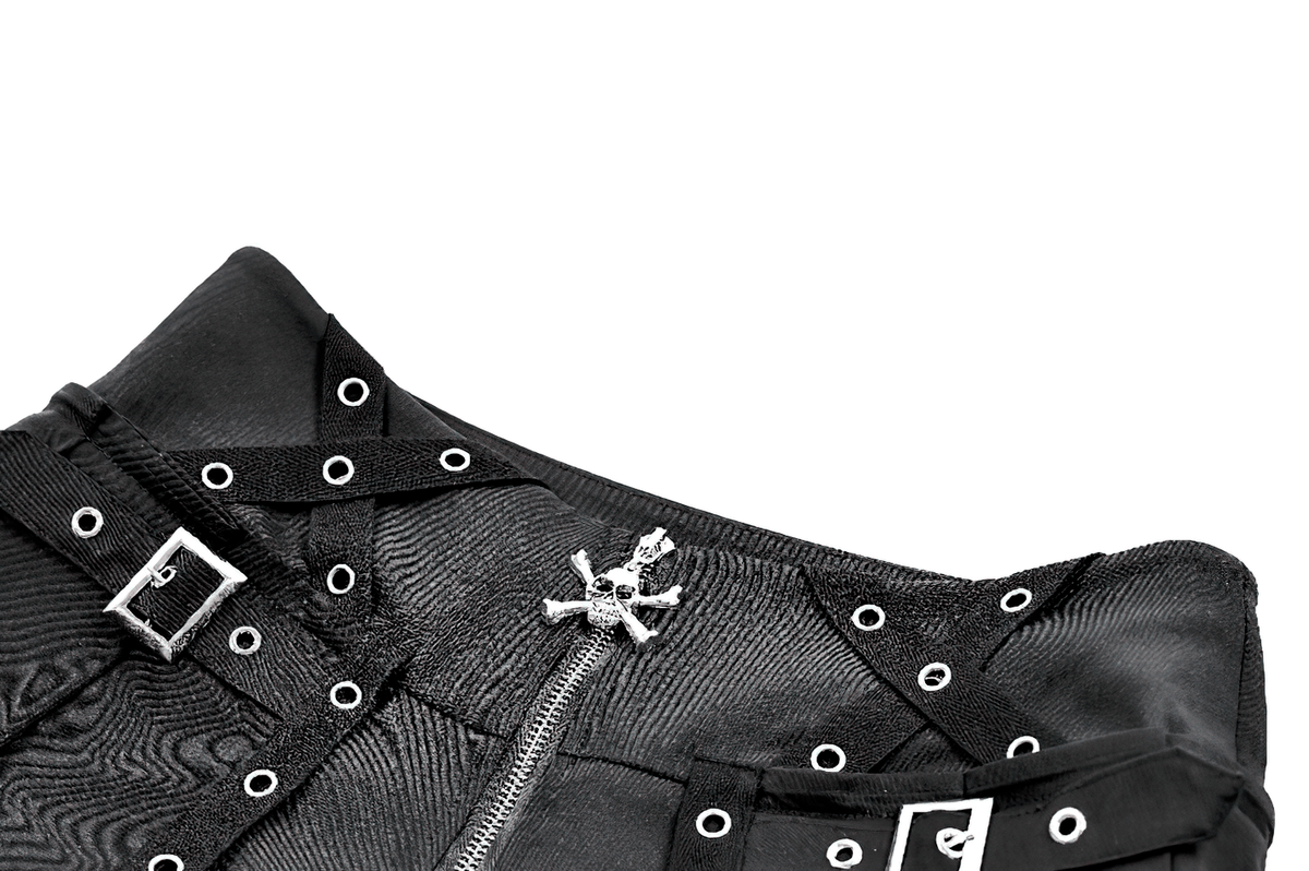 Punk High Waist Skort with Eyelets and Skull Zipper, black gothic pleated mini shorts with buckles