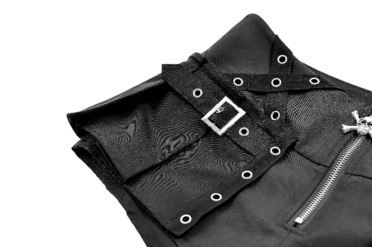 Punk High Waist Skort with Eyelets and Skull Zipper, black gothic mini shorts with buckle strap and zipper detail