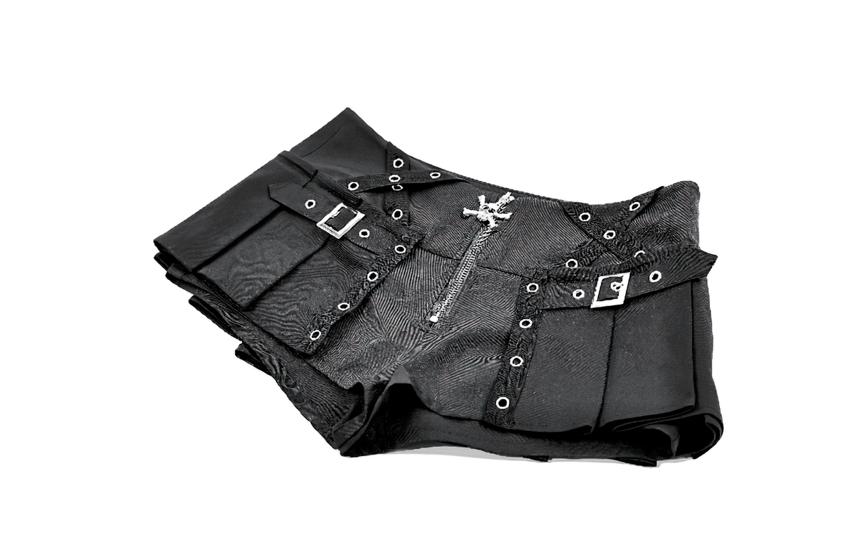 Punk High Waist Skort with Eyelets and Skull Zipper black gothic mini shorts with buckle straps and pleated details
