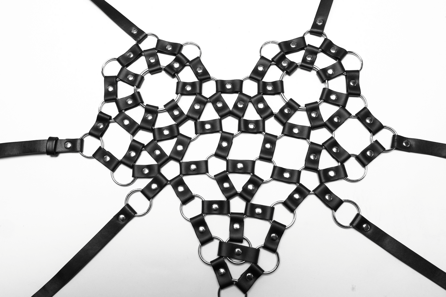 Punk hollow out leather harness crop top with heart design and straps, edgy punk style, black PU leather, alternative fashion statement