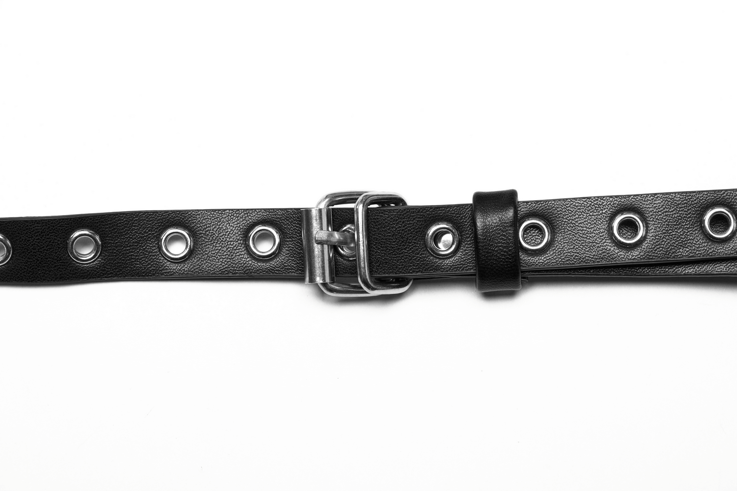 Black leather belt with buckle and eyelets on a white background.