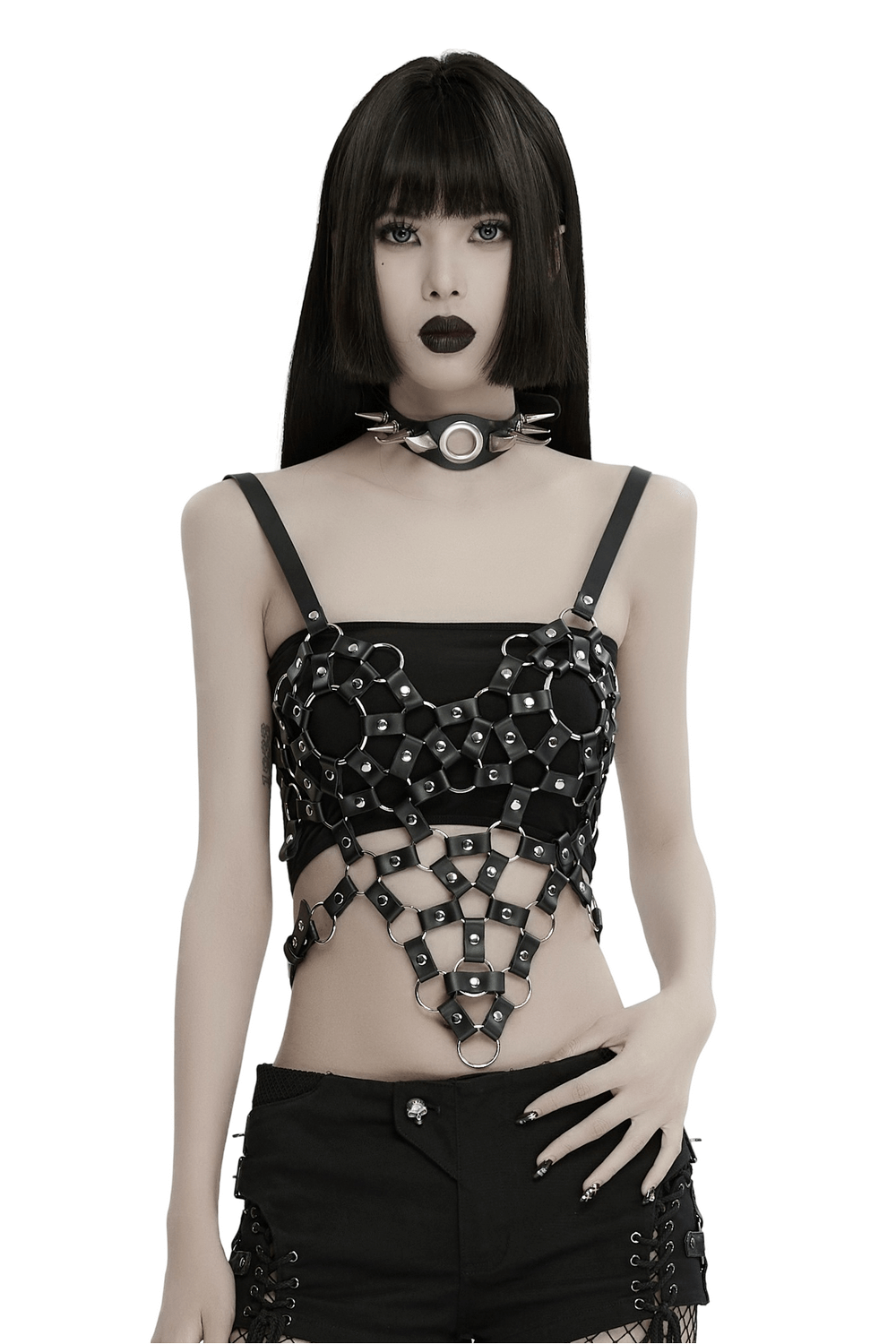 Punk Hollow Out Leather Harness Crop Top with edgy heart design and adjustable straps for a cool, alternative girl style.