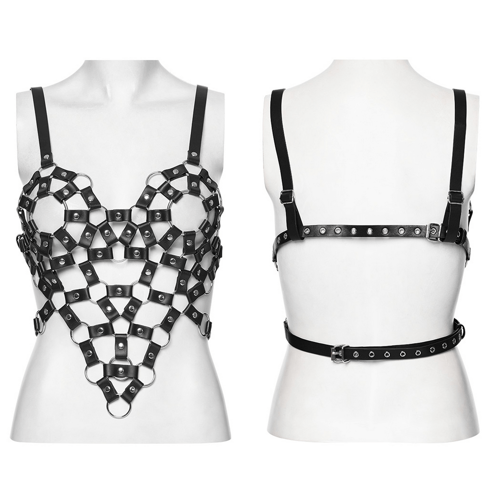 Punk hollow out leather harness crop top with heart design and straps, perfect for edgy alternative fashion lovers.