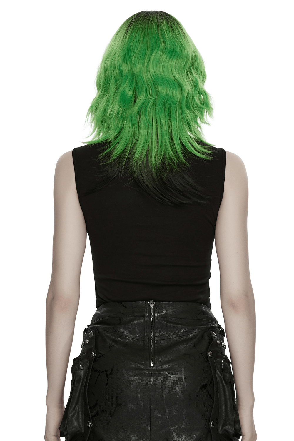 Punk Hollow Studded Top with Snake Texture Panel back view sleeveless black fitted punk top with stand collar and zipper detail