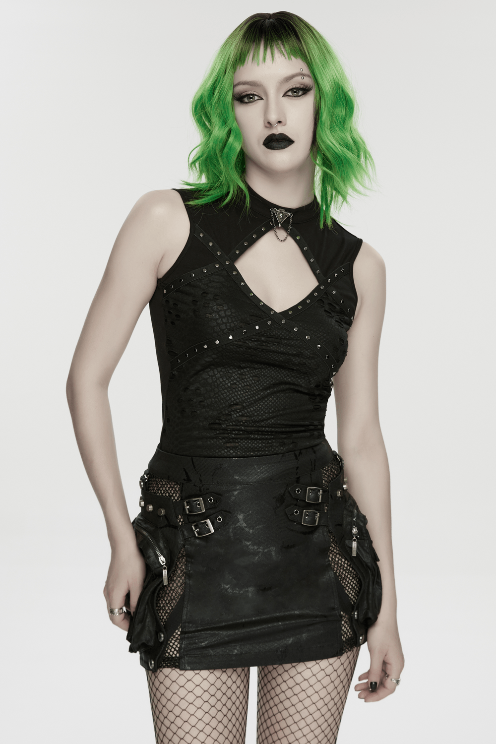 Alt Tag: Punk Hollow Studded Top with Snake Texture Panel black sleeveless punk top with cutouts, studs, stand collar and chain badge