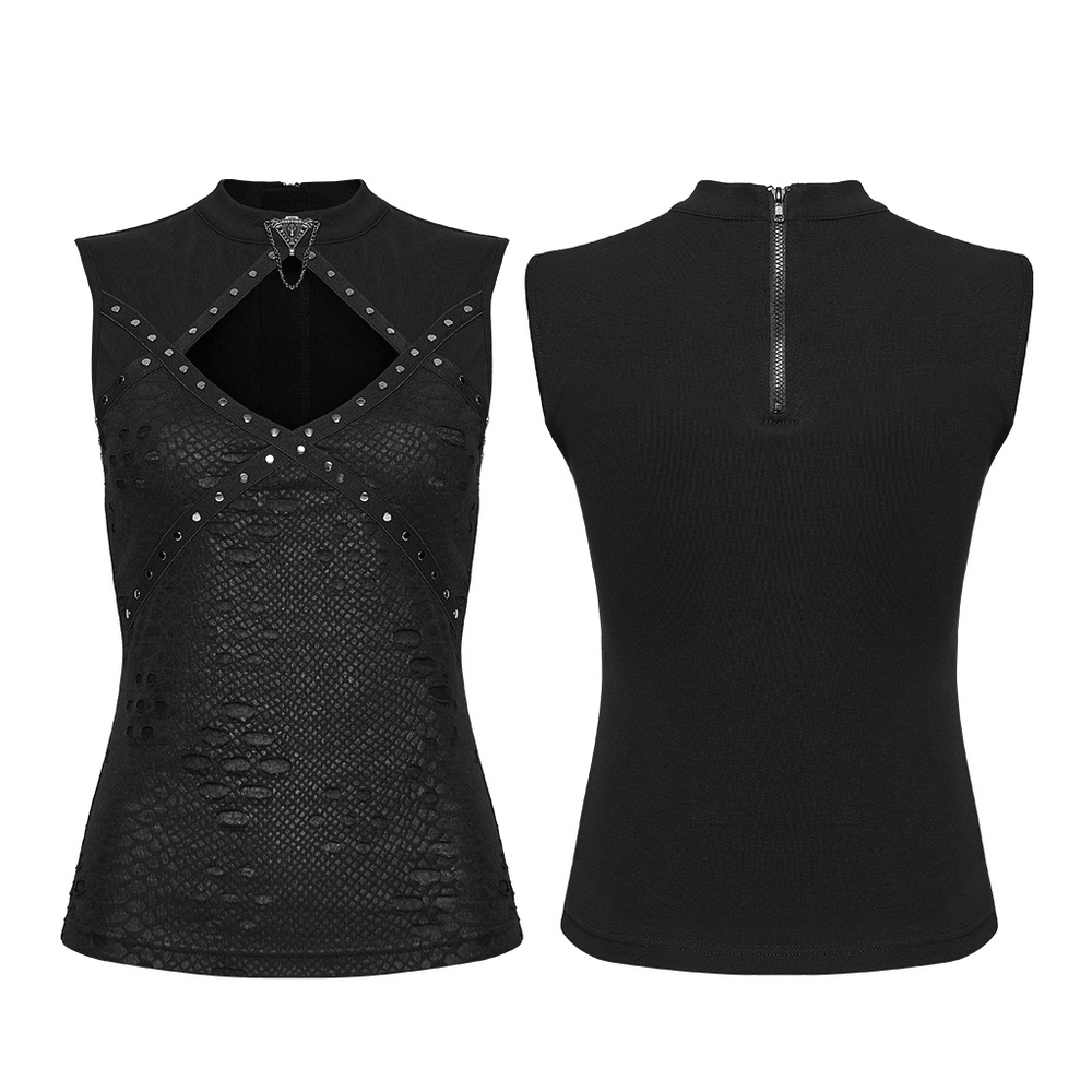 Alt Tag: Punk Hollow Studded Top with Snake Texture Panel black sleeveless stand collar, hollow cutout, studded straps, front and back view