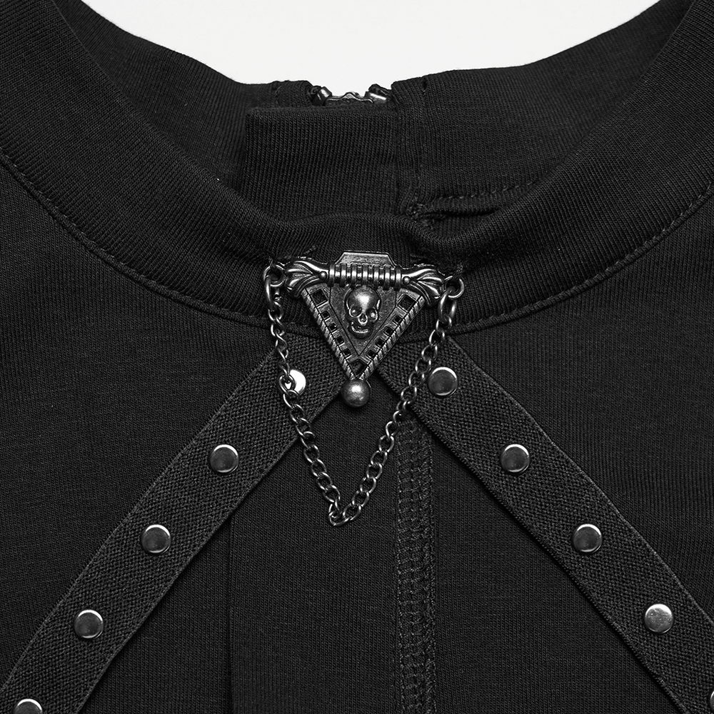 Alt Tag: Punk Hollow Studded Top with Snake Texture Panel stand collar close-up with chain badge and studded straps in black