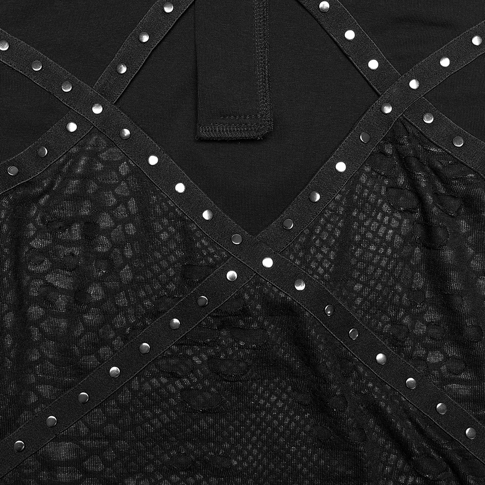 Alt Tag: Punk Hollow Studded Top with Snake Texture Panel close-up of black snake texture panels with crisscross studded straps