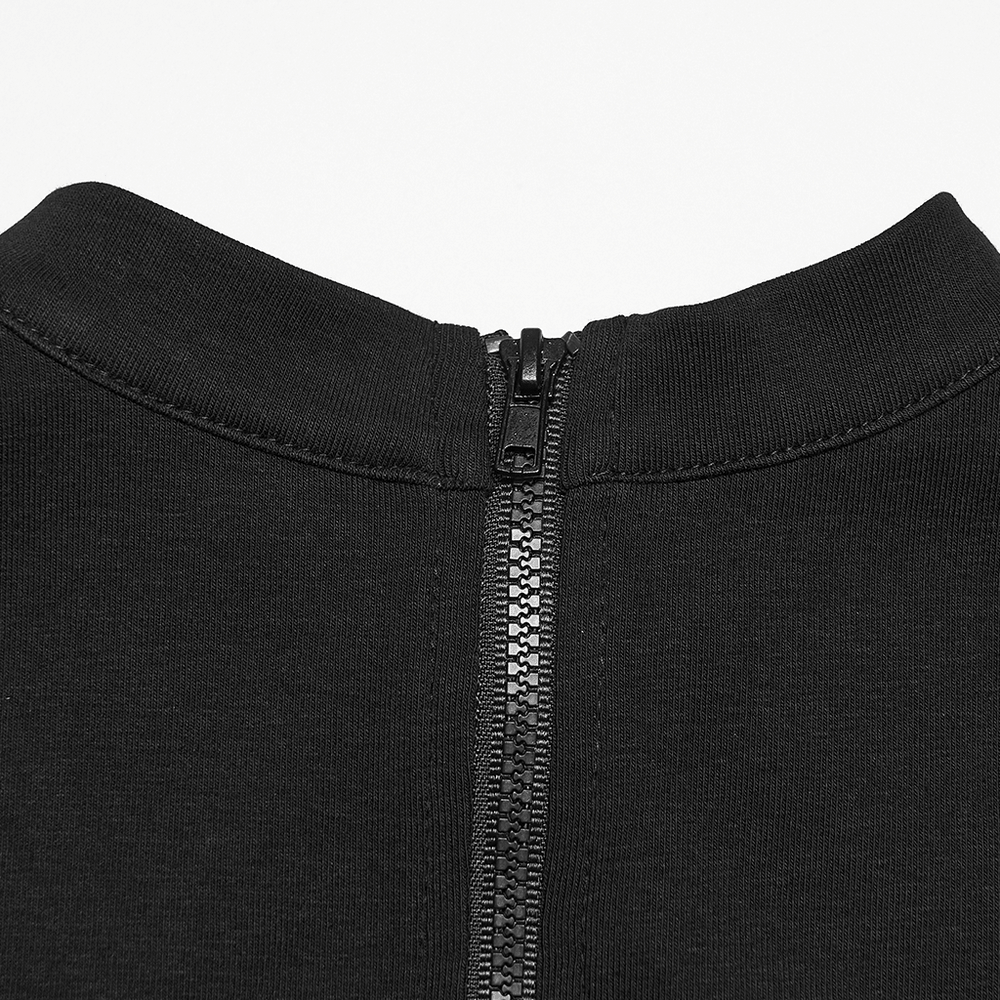 Alt Tag: Punk Hollow Studded Top with Snake Texture Panel back collar zipper close-up on black stand collar